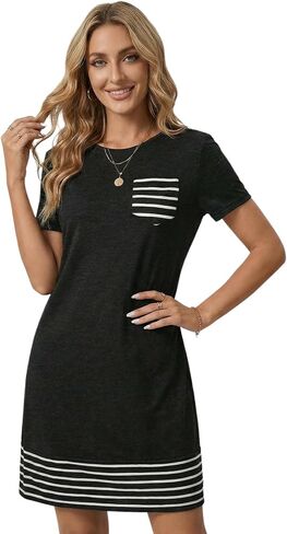 Women's Summer Striped Short Sleeve Tshirt Dress Elegant Casual Crew Neck Shift Dresses in Saudi Arabia