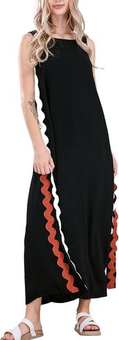 فستان Chouyatou صيفي نسائي كاجوال بدون أكمام للشاطئ بفتحة جانبية طويلة RIC Rac Maxi Sundress (X-Small، أسود) in Saudi Arabia