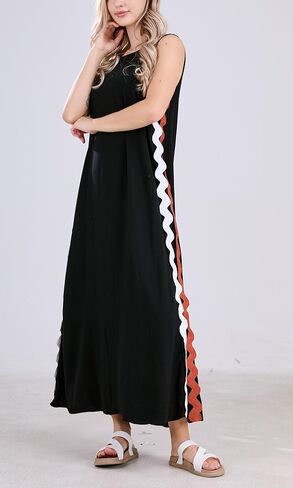 فستان Chouyatou صيفي نسائي كاجوال بدون أكمام للشاطئ بفتحة جانبية طويلة RIC Rac Maxi Sundress (X-Small، أسود) in Saudi Arabia