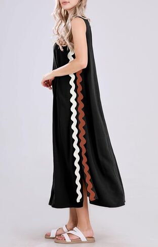 فستان Chouyatou صيفي نسائي كاجوال بدون أكمام للشاطئ بفتحة جانبية طويلة RIC Rac Maxi Sundress (X-Small، أسود) in Saudi Arabia