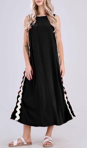 فستان Chouyatou صيفي نسائي كاجوال بدون أكمام للشاطئ بفتحة جانبية طويلة RIC Rac Maxi Sundress (X-Small، أسود) in Saudi Arabia