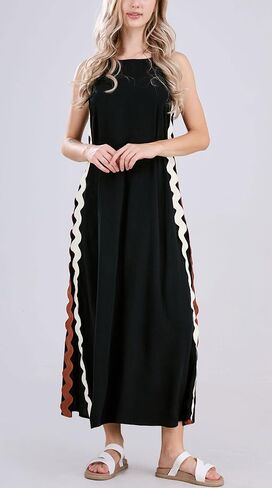 فستان Chouyatou صيفي نسائي كاجوال بدون أكمام للشاطئ بفتحة جانبية طويلة RIC Rac Maxi Sundress (X-Small، أسود) in Saudi Arabia