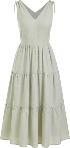 CIDER Womens Boho Midi Dress Striped Print V Neck High Waist Tiered Drawstring Straps Dresses Beach Sundress in Saudi Arabia