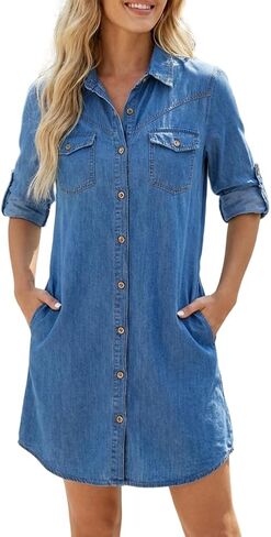 فستان قميص نسائي من قماش الدنيم من CHICME بأكمام طويلة وأزرار سفلية من الجينز، فستان كاجوال مع جيوب in Kuwait
