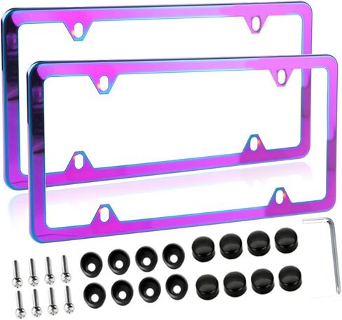 Fashion Super Slim Iridescent Chrome Blue License Plate Frames,Exclusive Polish Mirror Effect License Plate Covers,Weather Proof License Plate Holders for Women(Chrome Blue,2PCS) in Kuwait