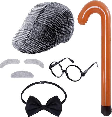 6PCS Old Man Costume 1 00 Day of School Grandpa Accessories Hat Bow Tie Glasses Eyebrows Mustache Inflatable Cane Set in Saudi Arabia