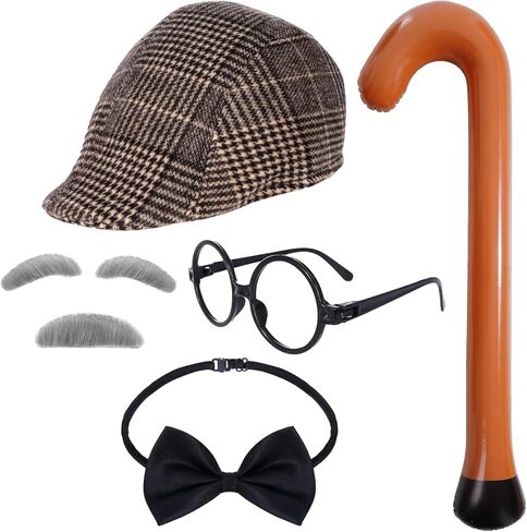 6PCS Old Man Costume 1 00 Day of School Grandpa Accessories Hat Bow Tie Glasses Eyebrows Mustache Inflatable Cane Set in Kuwait