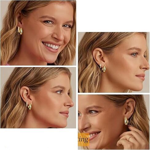 مجموعة أقراط دائرية للنساء، مجموعة أقراط ذهبية خفيفة الوزن مطلية بالذهب عيار 14 قيراط لثقب متعدد، مجموعة مجوهرات مكتنزة لا تسبب الحساسية، إكسسوارات مجوهرات يومية in Kuwait