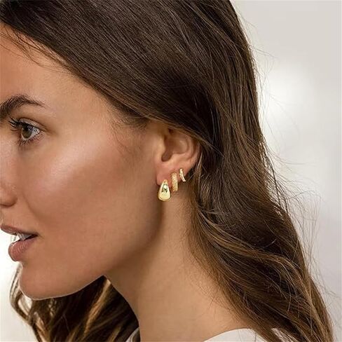 مجموعة أقراط دائرية للنساء، مجموعة أقراط ذهبية خفيفة الوزن مطلية بالذهب عيار 14 قيراط لثقب متعدد، مجموعة مجوهرات مكتنزة لا تسبب الحساسية، إكسسوارات مجوهرات يومية in Kuwait