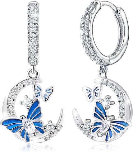 تشيكوسلوفاكيا القمر والفراشة أقراط للنساء S925 الفضة الاسترليني المينا الأزرق فراشة الحيوان استرخى هوب أقراط القمر مجوهرات عيد ميلاد الذكرى السنوية عيد الحب هدايا للزوجة صديقة أمي in Kuwait