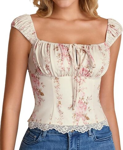 KUTUMAI مشد دانتيل زهري Y2k رقبة مربعة سموكيد بوستير الخروج ربطة عنق لطيف قطع علوية قصيرة للنساء الصيف in Kuwait