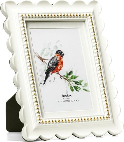 5x7 Off-White Scalloped Picture Frame with Gold Beaded Trim, Resin with Real Glass, Matted to 4x6, Vertical and Horizontal for Tabletop or Wall Hanging in Saudi Arabia
