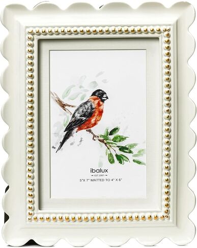 5x7 Off-White Scalloped Picture Frame with Gold Beaded Trim, Resin with Real Glass, Matted to 4x6, Vertical and Horizontal for Tabletop or Wall Hanging in Saudi Arabia