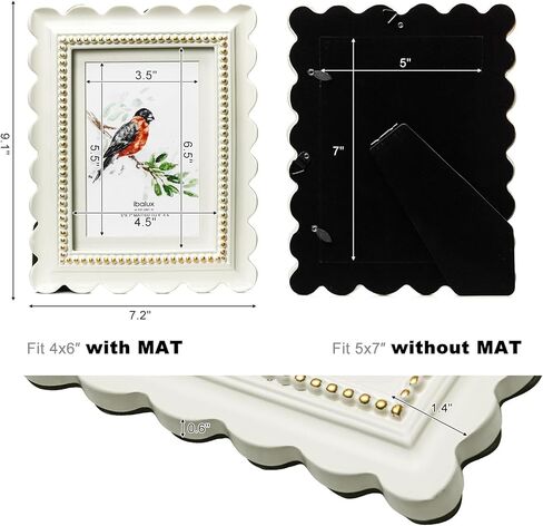 5x7 Off-White Scalloped Picture Frame with Gold Beaded Trim, Resin with Real Glass, Matted to 4x6, Vertical and Horizontal for Tabletop or Wall Hanging in Saudi Arabia
