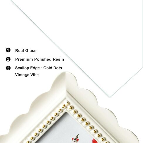 5x7 Off-White Scalloped Picture Frame with Gold Beaded Trim, Resin with Real Glass, Matted to 4x6, Vertical and Horizontal for Tabletop or Wall Hanging in Saudi Arabia