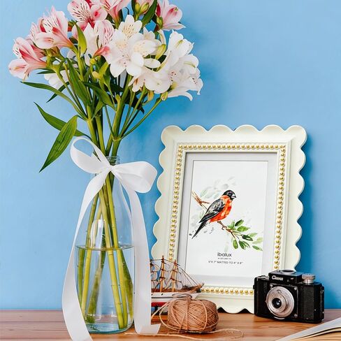 5x7 Off-White Scalloped Picture Frame with Gold Beaded Trim, Resin with Real Glass, Matted to 4x6, Vertical and Horizontal for Tabletop or Wall Hanging in Saudi Arabia