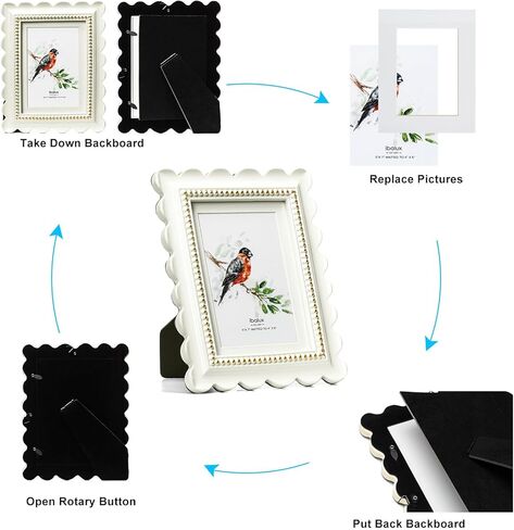 5x7 Off-White Scalloped Picture Frame with Gold Beaded Trim, Resin with Real Glass, Matted to 4x6, Vertical and Horizontal for Tabletop or Wall Hanging in Saudi Arabia