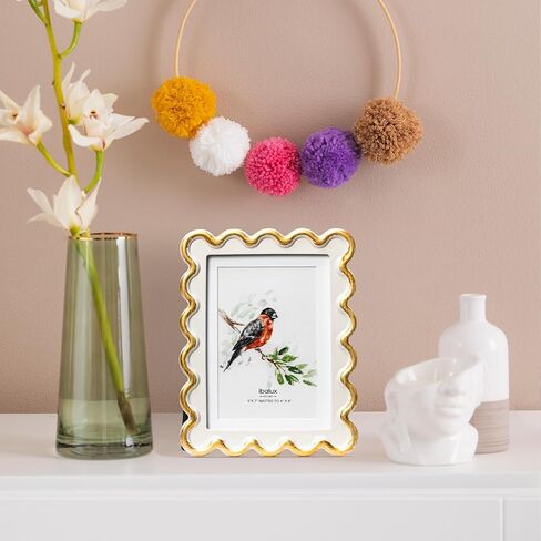 5x7 Off-White Scalloped Picture Frame with Gold Beaded Trim, Resin with Real Glass, Matted to 4x6, Vertical and Horizontal for Tabletop or Wall Hanging in Saudi Arabia