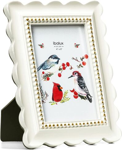 5x7 Off-White Scalloped Picture Frame with Gold Beaded Trim, Resin with Real Glass, Matted to 4x6, Vertical and Horizontal for Tabletop or Wall Hanging in Saudi Arabia