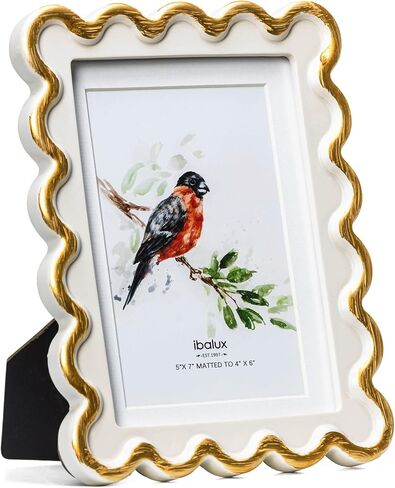 5x7 Off-White Scalloped Picture Frame with Gold Beaded Trim, Resin with Real Glass, Matted to 4x6, Vertical and Horizontal for Tabletop or Wall Hanging in Saudi Arabia