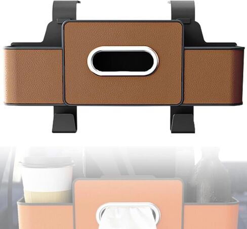 3-in-1 Multifunctional Car Backseat Organizer with Cup Holder, Tissue Box, Trash Bin & Hooks for Hold Phones, Snacks, Drinks, Handbags (Brown) in Saudi Arabia