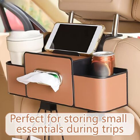 3-in-1 Multifunctional Car Backseat Organizer with Cup Holder, Tissue Box, Trash Bin & Hooks for Hold Phones, Snacks, Drinks, Handbags (Brown) in Saudi Arabia