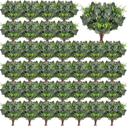 100 قطعة من سيقان الأوكالبتوس الصناعية مع بذور بيضاء، أوراق خضراء صناعية لتزيين باقة الزفاف المركزية وديكور المزرعة in Kuwait