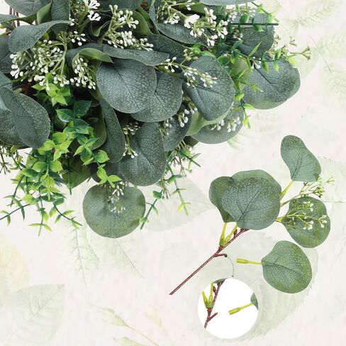 100 قطعة من سيقان الأوكالبتوس الصناعية مع بذور بيضاء، أوراق خضراء صناعية لتزيين باقة الزفاف المركزية وديكور المزرعة in Kuwait