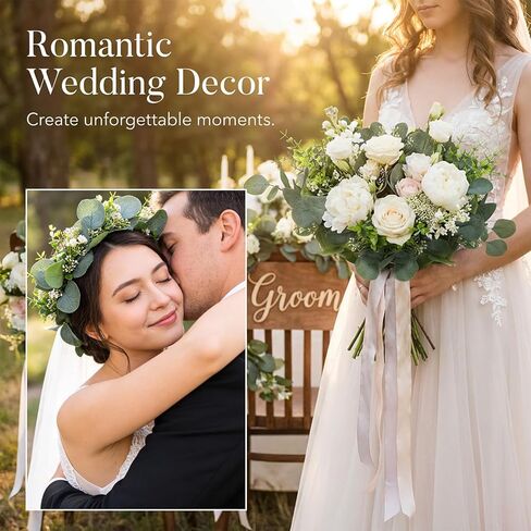 100 قطعة من سيقان الأوكالبتوس الصناعية مع بذور بيضاء، أوراق خضراء صناعية لتزيين باقة الزفاف المركزية وديكور المزرعة in Kuwait