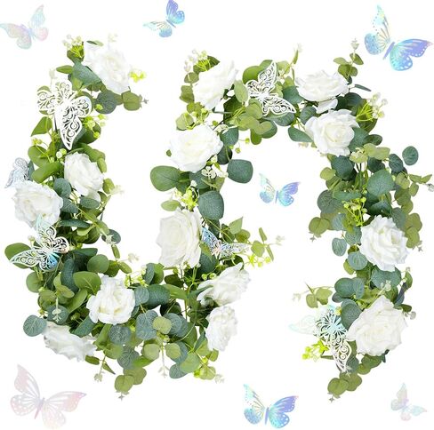 بيوتي 2 قطعة إكليل الأوكالبتوس الاصطناعي بطول 13 قدم مع الزهور - 6 أكاليل زهور وردية مزيفة من كرمة الزهور الخضراء مع فراشة ثلاثية الأبعاد لحفلات الزفاف وخلفية مركزية لديكور المنزل (مع الضوء) in Kuwait