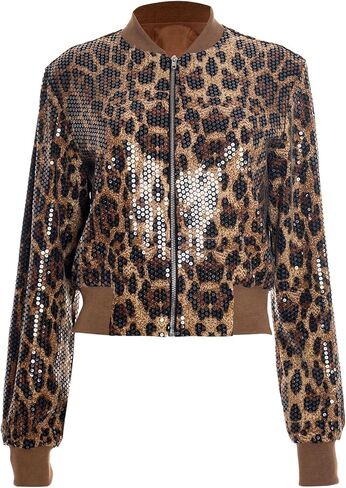 Womens Sequin Cheetah Print Bomber Jacket Leopard Cropped Jackets Outerwear in Kuwait