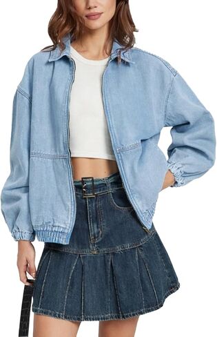 D-Sun Women's Denim Jacket Oversized Zip Up Elastic Hem Classic Casual Loose Fit Bomber Jean Jackets in Kuwait