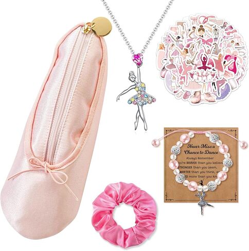 Y1tvei Ballerina Shoe Makeup Bag Set - 66Pcs Ballet Dancing Girls Satin Cosmetic Pouch Dance Stickers Sparkly Pink Ballerina Bracelet Necklace with Card Hairband, Ballet Dancer Gifts for Dance Recital in Kuwait