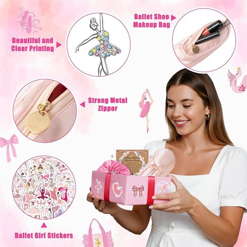 Y1tvei Ballerina Shoe Makeup Bag Set - 66Pcs Ballet Dancing Girls Satin Cosmetic Pouch Dance Stickers Sparkly Pink Ballerina Bracelet Necklace with Card Hairband, Ballet Dancer Gifts for Dance Recital in Kuwait