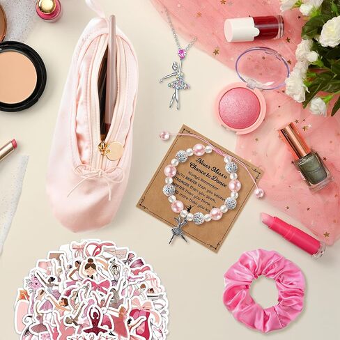 Y1tvei Ballerina Shoe Makeup Bag Set - 66Pcs Ballet Dancing Girls Satin Cosmetic Pouch Dance Stickers Sparkly Pink Ballerina Bracelet Necklace with Card Hairband, Ballet Dancer Gifts for Dance Recital in Kuwait