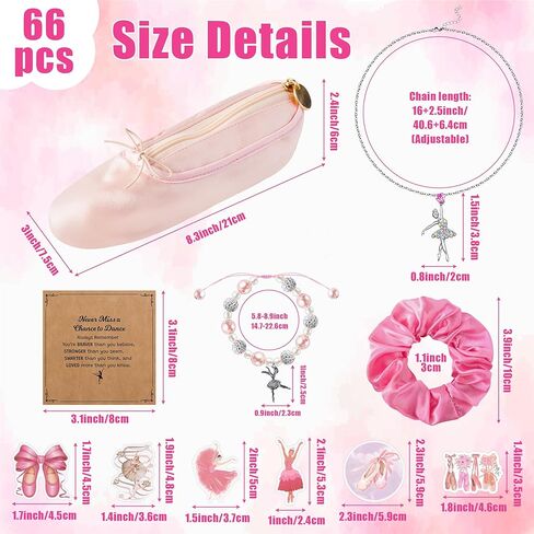 Y1tvei Ballerina Shoe Makeup Bag Set - 66Pcs Ballet Dancing Girls Satin Cosmetic Pouch Dance Stickers Sparkly Pink Ballerina Bracelet Necklace with Card Hairband, Ballet Dancer Gifts for Dance Recital in Kuwait