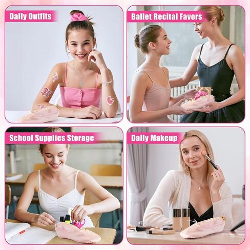 Y1tvei Ballerina Shoe Makeup Bag Set - 66Pcs Ballet Dancing Girls Satin Cosmetic Pouch Dance Stickers Sparkly Pink Ballerina Bracelet Necklace with Card Hairband, Ballet Dancer Gifts for Dance Recital in Kuwait