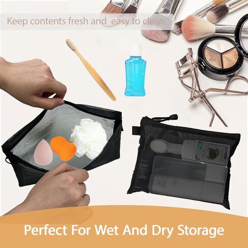 مجموعة حقائب مكياج مكونة من 3 قطع بسحاب شبكي، حقيبة مستحضرات تجميل شبكية محمولة للسفر وحقائب تخزين أدوات الزينة وحقائب تنظيم محفظة أقلام الرصاص للمنزل والمكتب يوميًا أو ملحقات السفر للحفاظ على الأشياء الصغيرة (أسود) in Kuwait