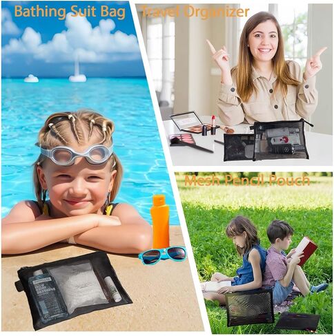 مجموعة حقائب مكياج مكونة من 3 قطع بسحاب شبكي، حقيبة مستحضرات تجميل شبكية محمولة للسفر وحقائب تخزين أدوات الزينة وحقائب تنظيم محفظة أقلام الرصاص للمنزل والمكتب يوميًا أو ملحقات السفر للحفاظ على الأشياء الصغيرة (أسود) in Kuwait