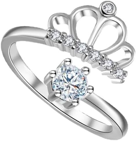 خواتم التاج للنساء S925 خاتم الأميرة الفضي قابل للتعديل فتحة مخصصة تاج الأميرة الزركون مناسبة للنساء (أ) in Kuwait