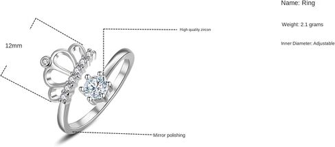 خواتم التاج للنساء S925 خاتم الأميرة الفضي قابل للتعديل فتحة مخصصة تاج الأميرة الزركون مناسبة للنساء (أ) in Kuwait