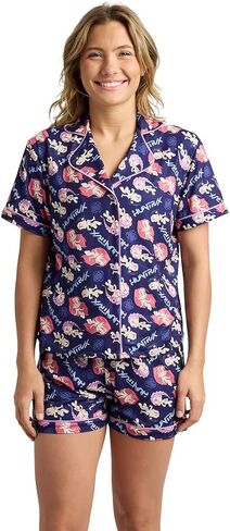 Bioworld KPop Demon Hunter Kawaii Characters Women's Notch Collar Button-Down Shirt and Shorts Sleepwear Set in Saudi Arabia