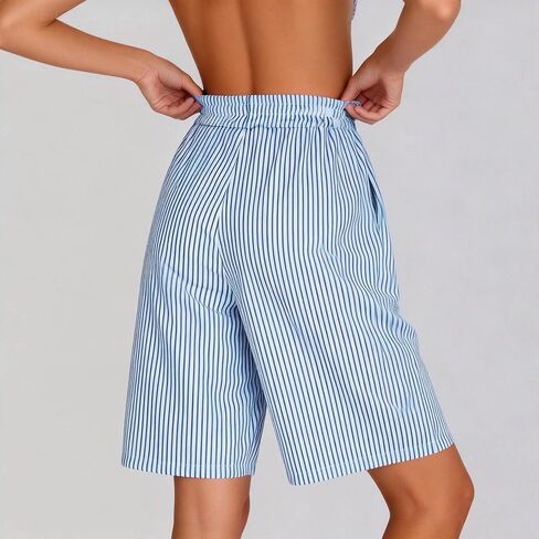Women Striped Gingham Knee Length Bermuda Shorts Baggy Pajama Lounge Shorts Resort Plaid PJ Bottoms Cute w Pockets in Saudi Arabia