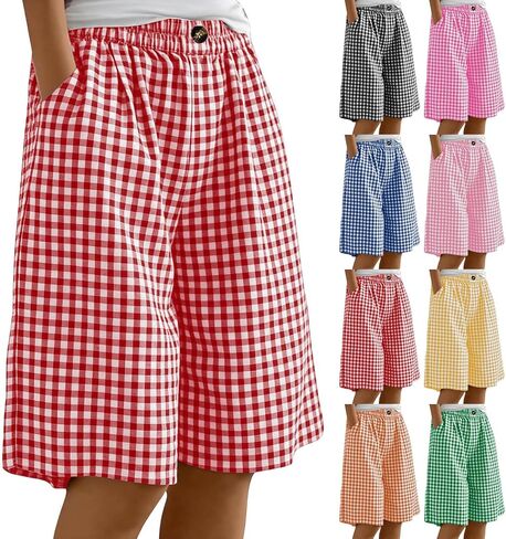 Women Striped Gingham Knee Length Bermuda Shorts Baggy Pajama Lounge Shorts Resort Plaid PJ Bottoms Cute w Pockets in Saudi Arabia