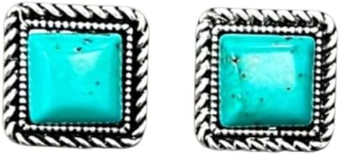 Big! 0.7" Long, 10mm Square Turquoise Stud Earrings – Antique Silver Plate – Western Bold Style 725296 in Saudi Arabia