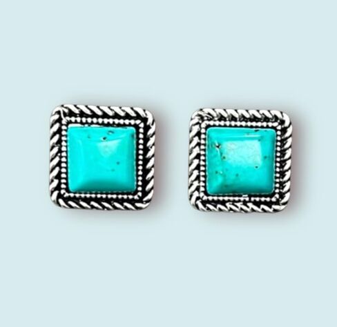 Big! 0.7" Long, 10mm Square Turquoise Stud Earrings – Antique Silver Plate – Western Bold Style 725296 in Saudi Arabia
