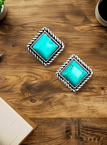 Big! 0.7" Long, 10mm Square Turquoise Stud Earrings – Antique Silver Plate – Western Bold Style 725296 in Saudi Arabia