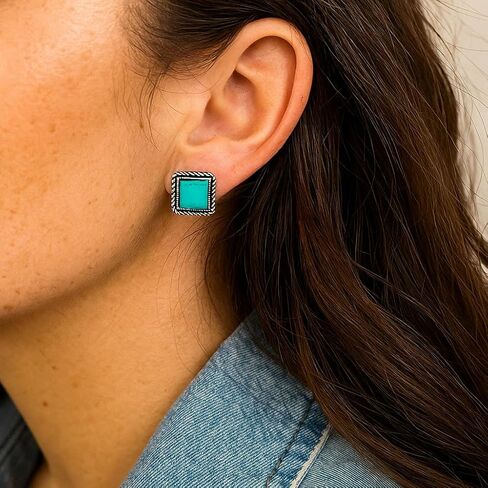Big! 0.7" Long, 10mm Square Turquoise Stud Earrings – Antique Silver Plate – Western Bold Style 725296 in Saudi Arabia