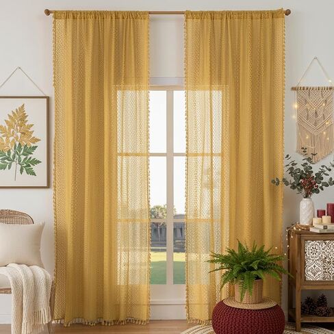 Mustard Yellow Lace Curtains 84 Inches Long 2 Panel,Rod Pocket Light Filtering Crochet Decorative Sheer Drapes Boho Farmhouse Cottage Spring Fall Cute Tassel Curtain for Bedroom Living Room in Kuwait