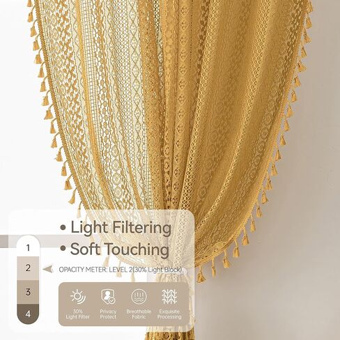 Mustard Yellow Lace Curtains 84 Inches Long 2 Panel,Rod Pocket Light Filtering Crochet Decorative Sheer Drapes Boho Farmhouse Cottage Spring Fall Cute Tassel Curtain for Bedroom Living Room in Kuwait